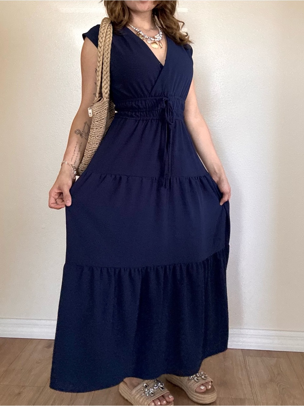 Rachel Zoe Navy Tiered V-Neck Maxi Dress